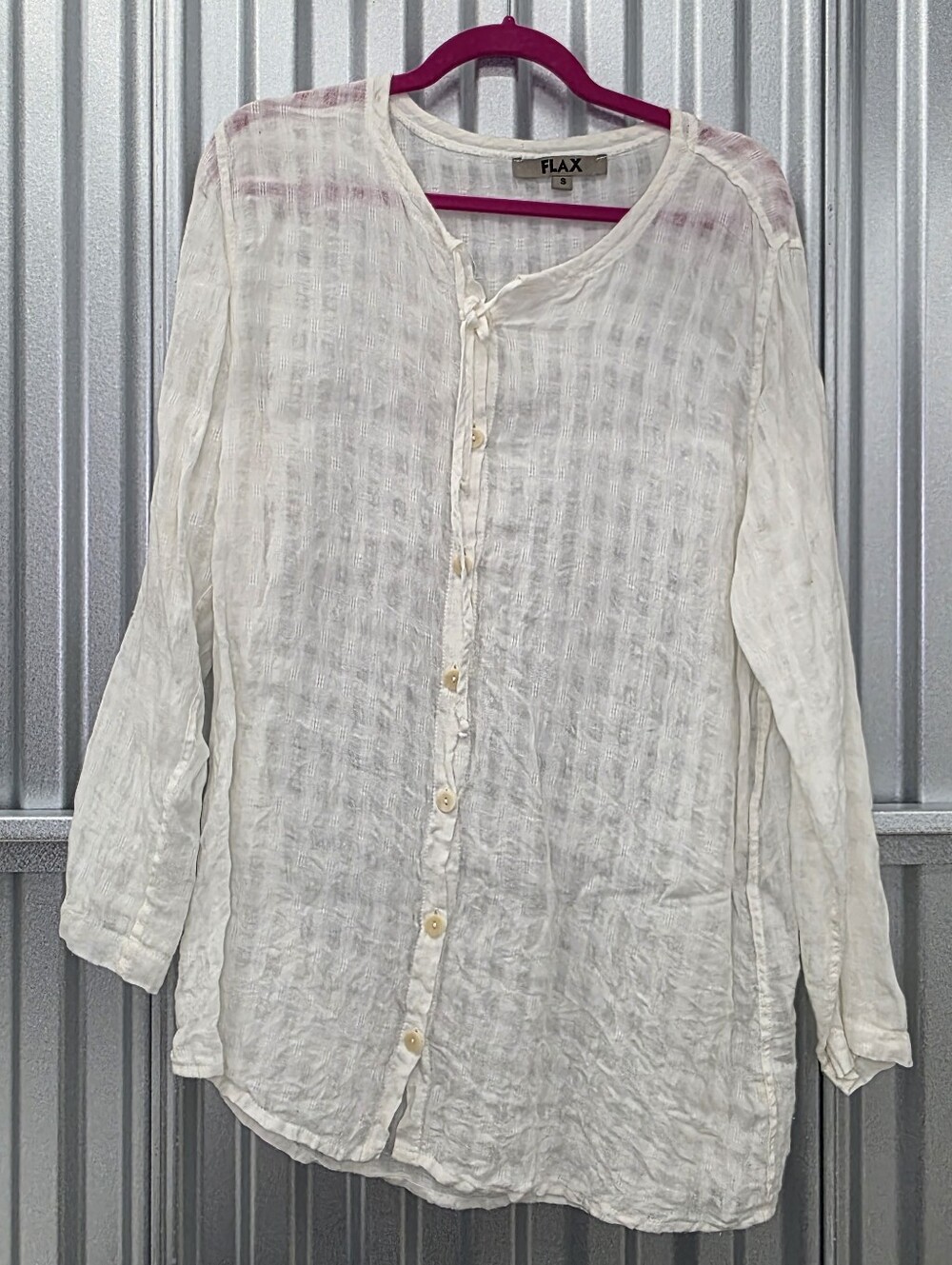 FLAX 100% Linen Tunic Blouse Button Up Size Small White Tie Crinkle Long Summer